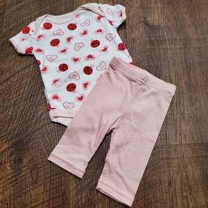 Rene Rofe Baby Swiggles Girl Red Hearts Ladybug Bodysuit Pastel Pink Leggings 3M
